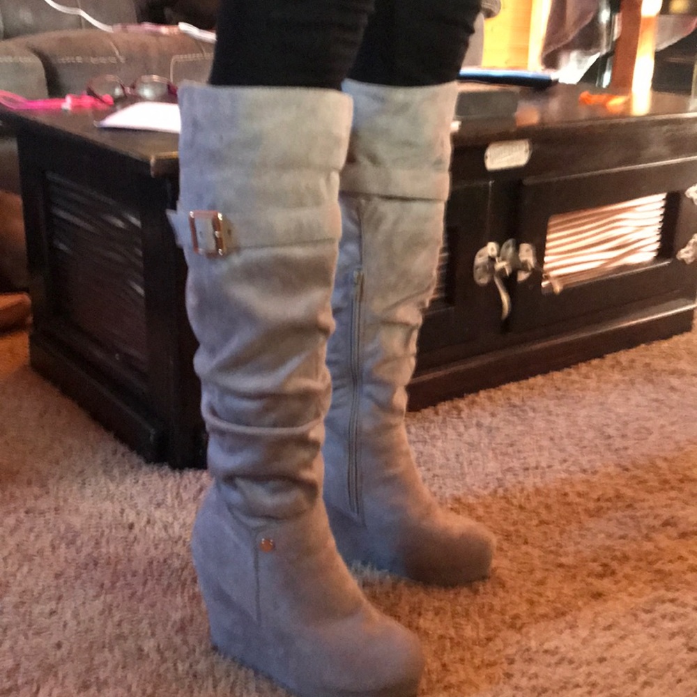Gray suede wedge boots